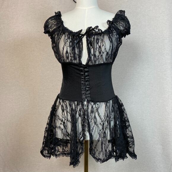 Coquette Womens Corset Top Size OS Witchy Whimsigoth Black Lace Milkmaid Sheer - Picture 1 of 12